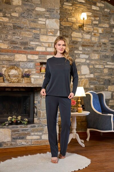 Cossy By Aqua Long Sleeve Stone Printed Pajama Set Cossybyaqua 26232-44 - Anthracite