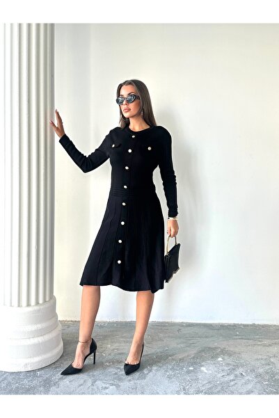 Lusin Дамска черна елегантна рокля с дълъг ръкав, с шикозни златни копчета