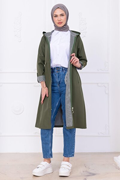 hafsamina Çizgi Detaylı Trençkot Haki HM2283