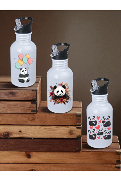lili hediyelik Pandas Printed Water Bottle Set of 3 - Water Bottle, Sports Bottle 600 ml