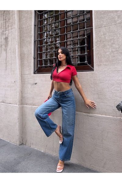 CARLA MARA بنطلون جينز واسع الساق بقصة كاجوال