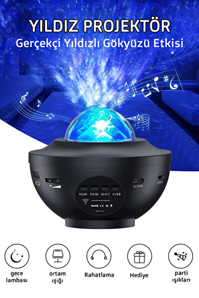 starry Galaxy Projektör Gece Lambası – Disko Topu, Renkli LED, Bluetooth Hoparlör ve Uzaktan Kumanda