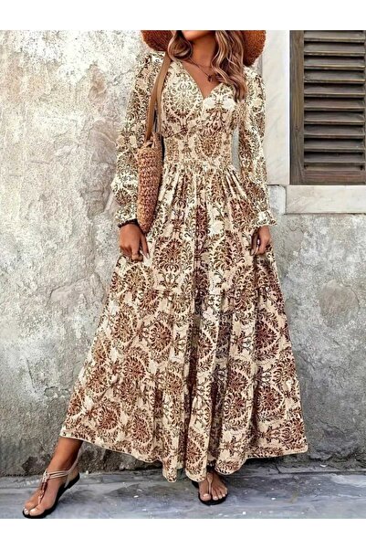 JANES Women's V-Neck Long Sleeve Patterned Single Jersey Dress