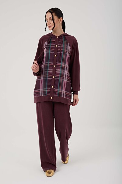 Jupe Kadın Ekose Desenli İpek Modal Kumaş Üçlü Takım 8568