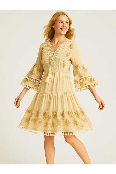 Butik İtalyan Özel Tasarım Kısa Keten Elbise - BEJ