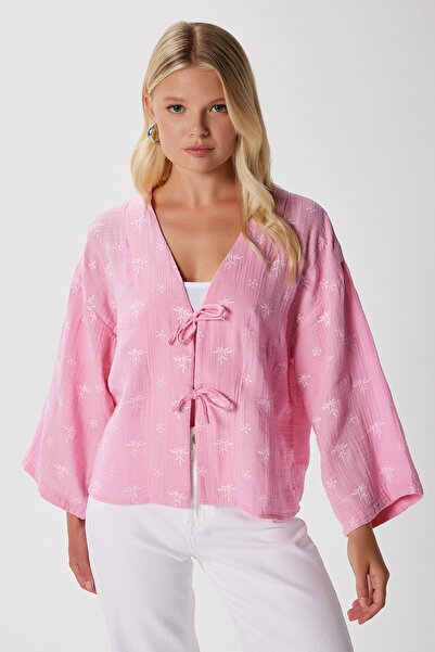 Ritnice Kadin Flora Müslin Kabartma Dokulu Pembe Kimono