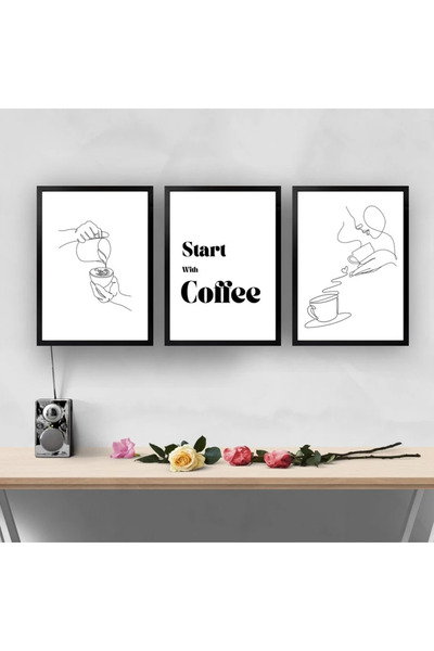 Humay Art Modern Çerçeveli Tablo Seti Caffeine Start - Üçlü Set