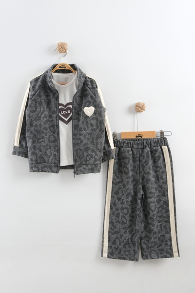 Mini Baray Girl child heart pattern tracksuit set 3-piece set (2-3-4-5 years old)