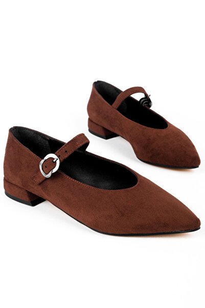 Lal Shoes & Bags Bonyt Women's Pointed Toe Gold Buckle Detailed Single Strap Nubuck Ballerina Shoes-Dark Brown