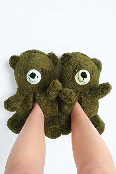 Melek Tuna Ayakkabı & Çanta Women's Slippers with Teddy Bear Figure, Cute Plush Slippers, Soundless Sole Slippers, Women's Plush Slippers