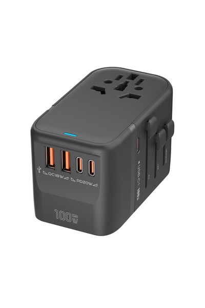 Voltres Adaptor universal priza 100W, 3x Type-C & 2x Type-A, pentru US, UK, UE, Asia, 180+ tari, Negru