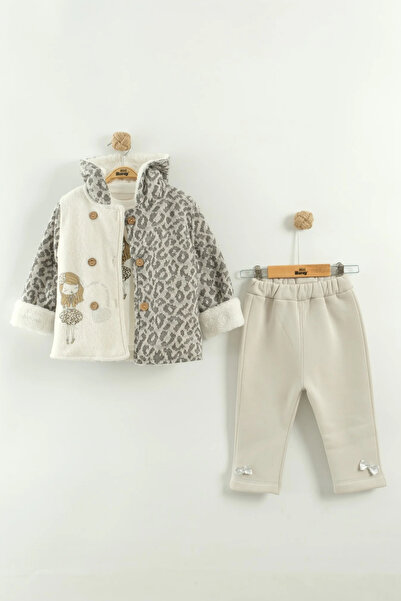 Mini Baray Girl's Plush Coat and Pants Set (1-2-3 Years Old)