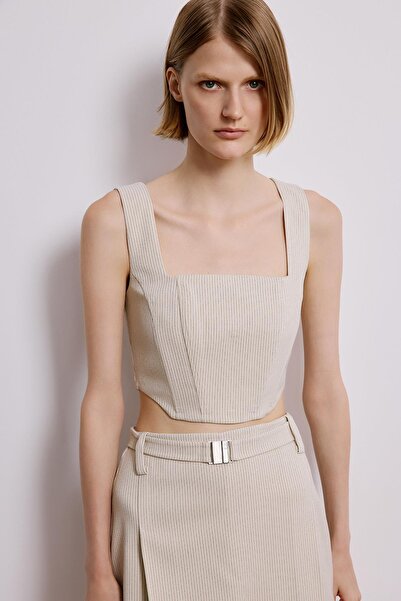 rue Balen Detaylı Çizgili Ekru Crop Büstiyer