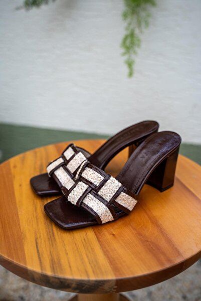 LamintaGlobal Amara Bitter Brown Knitted Straw Detailed Women's Heeled Slippers