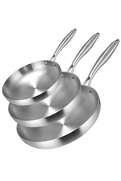 ELEGANT HOME طقم 3مقلاة من الفولاذ المقاوم للصدأ بمقبض طويل 20سم/24سم/28سم