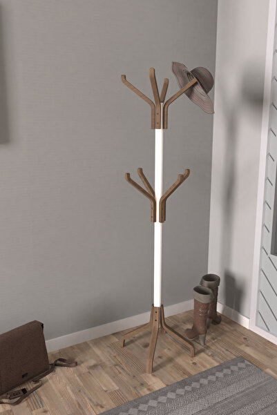 VİLİNZE Vesti Ahşap Kestane Ayaklı Beyaz Metal Portmanto Elbise Askılık