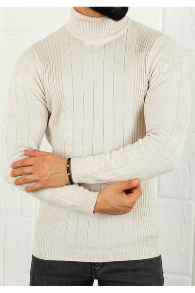 meday Clothing Men's Turtleneck Vertical Striped Fit Knit Sweater