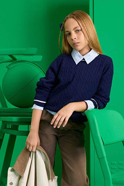 DeFacto Dívčí svetr School Standard Fit Crew Neck Knitwear Navy Blue E7740A8/...