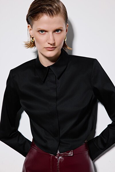 rue Padded Poplin Long Sleeve Black Shirt