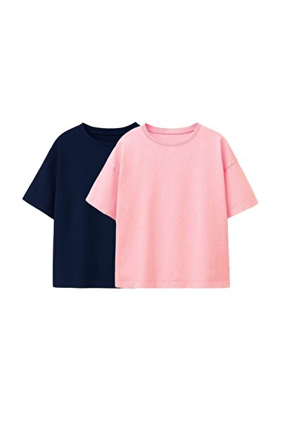 ZUZUNGA Basic 2-Piece Girls' Crew Neck T-Shirt (Navy Blue - Pink)
