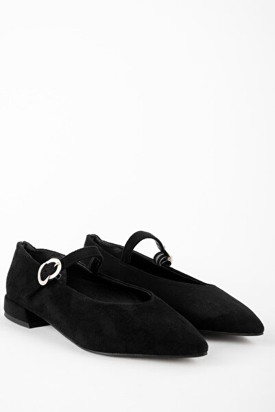 Lal Shoes & Bags Bonyt Women's Pointed Toe Gold Buckle Detailed Single Strap Nubuck Ballerina Shoes-Dark Black