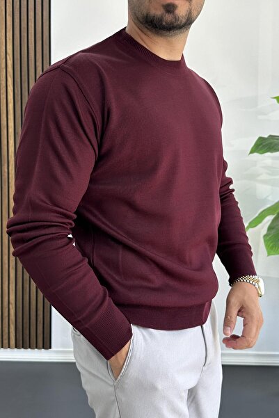 Edwox Pulover pentru bărbați cu gât rotund, model normal, roșu Claret Edw410