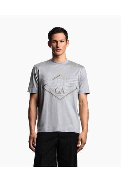 Emporio Armani Men's Big Eagle Embroidered Round Neck Cotton Short Sleeve Gray T-Shirt Em002835 Af10761-O8005