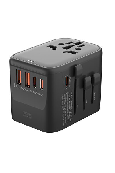 Voltres Adaptor universal priza 65W, 3x Type-C & 2x Type-A, pentru US, UK, UE, Asia, 180+ tari, Negru