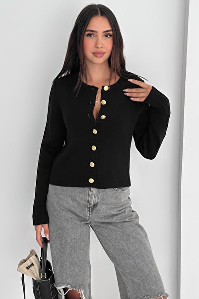 FEMELLE Black Basic Gold Button Cardigan - Standard Size