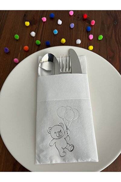 kidspartim مناديل مطبوعة عليها دب لطيف مطلية بالفضة على خلفية بيضاء مع جيب كن...