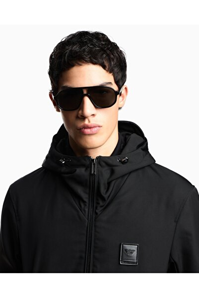 Emporio Armani Erkek Normal Kalıp Kapüşonlu Metalik Logo Detaylı Siyah Ceket EM003417 AF18264-UC001