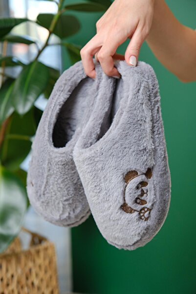 Oksit Panda Embroidered Women's House Slippers Plush Slippers Dowry and Bundle Slippers Do Not Make Noise Thick Sole