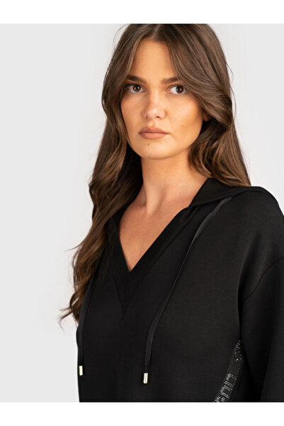 Liu Jo Kadın Normal Kalıp Kapüşonlu V Yaka Logo Şeritli Uzun Kollu Siyah Sweatshirt TF5091J4616-22222