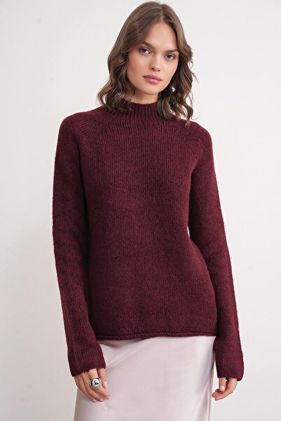 Mixray 6849 Women's Seamless Stand Collar Knit Sweater Burgundy