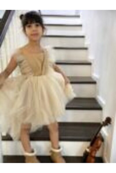 Mamboo Beige tulle dress with train for girls aged 2 to 9 years