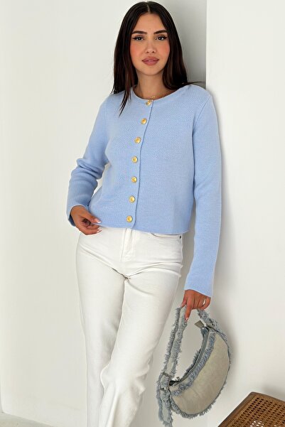 FEMELLE Blue Basic Gold Button Cardigan - Standard Size