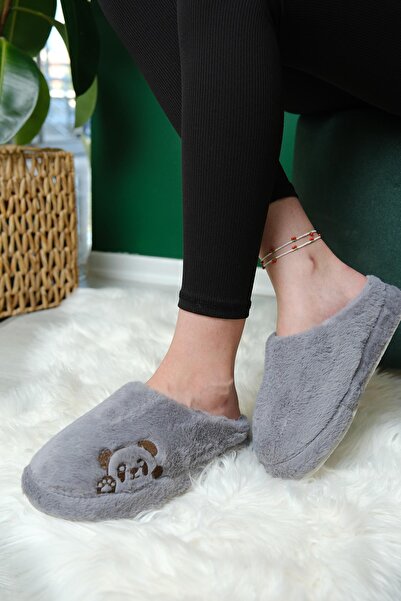 Oksit Panda Embroidered Women's House Slippers Plush Slippers Dowry and Bundle Slippers Do Not Make Noise Thick Sole