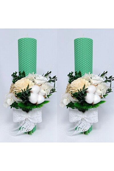 OEM Set 2 lumanari cununie/nunta din ceara naturala, decorate cu flori naturale criogenate/uscate,H35/D5