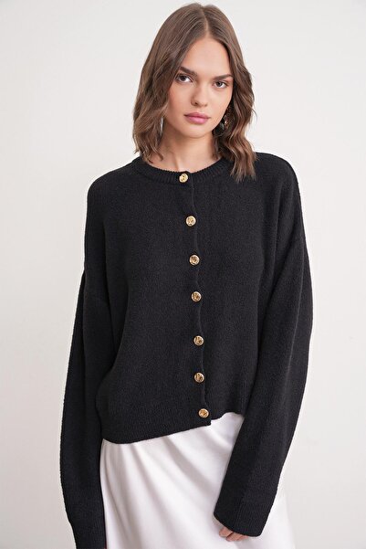 Mixray 6956 Women's Stone Button Detailed Knitwear Soft Cardigan Black