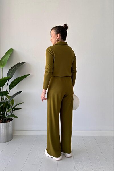 MaziButik Long Polo Neck Suit Oil Green
