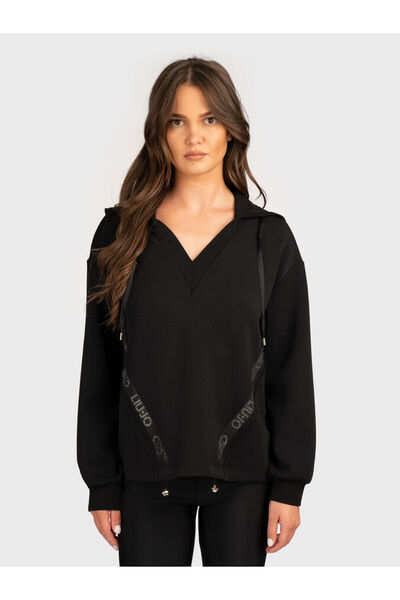 Liu Jo Kadın Normal Kalıp Kapüşonlu V Yaka Logo Şeritli Uzun Kollu Siyah Sweatshirt TF5091J4616-22222