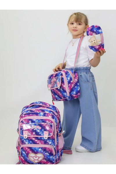 POLORULO Kız Çocuk Yıldız Desenli 3’lü Okul Çanta Seti – İlkokul Ortaokul Çan...