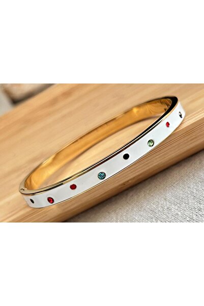 julee.co Beyaz Mine Kaplı Renkli Taş Detaylı Çelik Kelepçe(17-18cm)