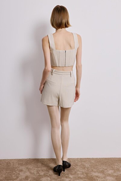 rue Kemer Detaylı Çizgili Ekru Şort Etek