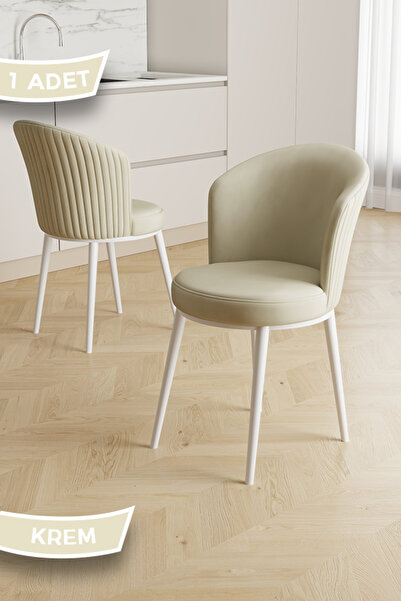 Canisa Risa Serisi 1 Adet Krem Mutfak Sandalyesi Beyaz Metal Ayak 1.Sınıf Bab...