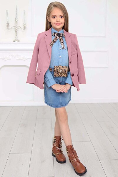 Riccotarz Girl's Leopard Print Bow Detail Denim Shirt Powder Blazer Jacket Skirt Set
