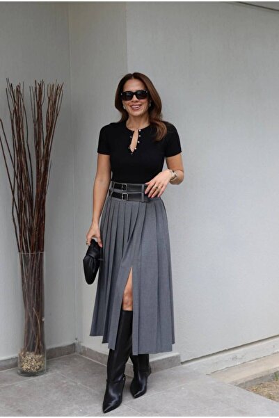 eBaa fashıon ÇİFT KEMERLİ YIRTMAÇ DETAY MİDİ ETEK