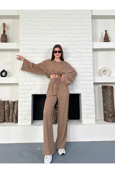 OTAKU Women's Drawstring Long Sleeve Crop Blouse and High Waist Wide Leg Pants Set