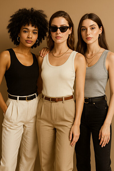 Rich Kadın 3'lü Paket Siyah-Beyaz-Gri Sıfır Kol Kaşkorse Body-Bisiklet Yaka %100 Pamuk Atlet Bluz