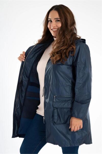 Roxxlen Γυναικείο αδιάβροχο παλτό μεγάλου μεγέθους Navy Blue Green